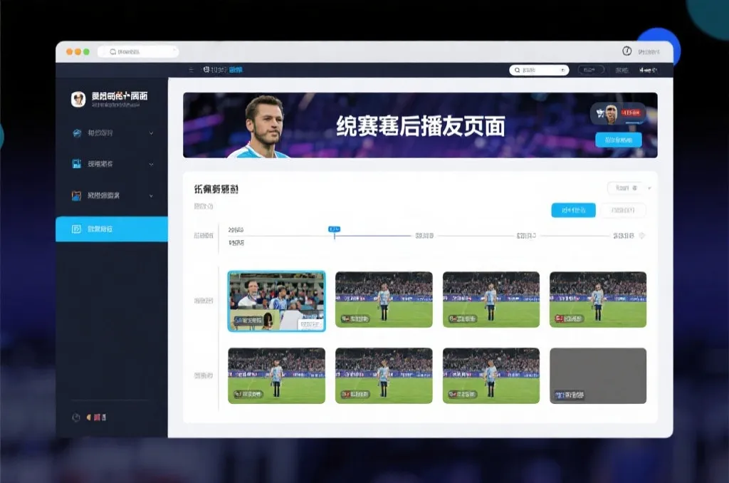 比赛结束后，电视屏幕展示集锦回放页面，旁边有时间轴和多角度切换提示